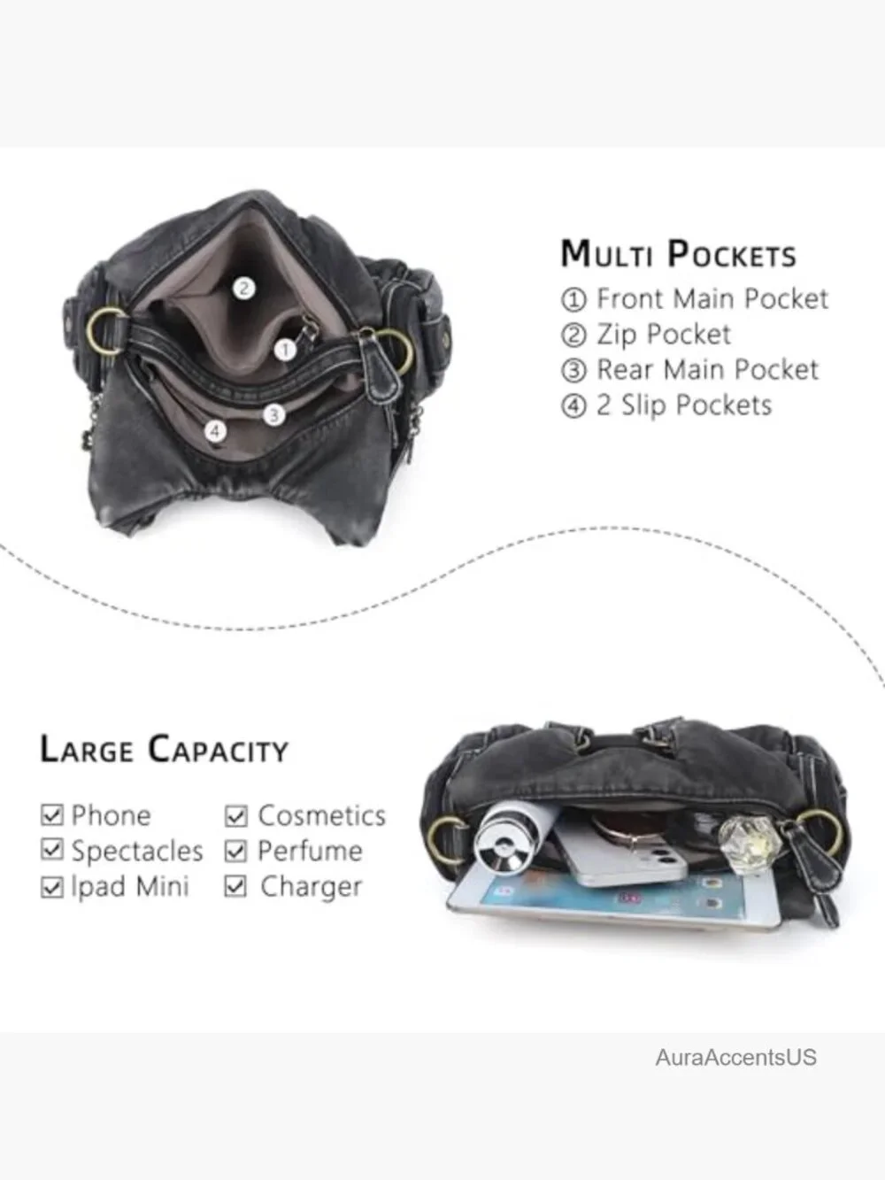 Small Hobo Shoulder Bag Vegan Leather Multi-Pocket Tote with Zipper